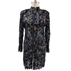 Lisabelle Turkish Leather Coat Tunic Length Sheer Leather Leaves Zipper XL